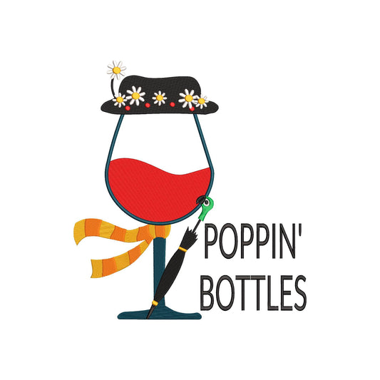 Mary Poppins Inspired Wine Glass Machine Embroidery Design. Poppin' Bottles