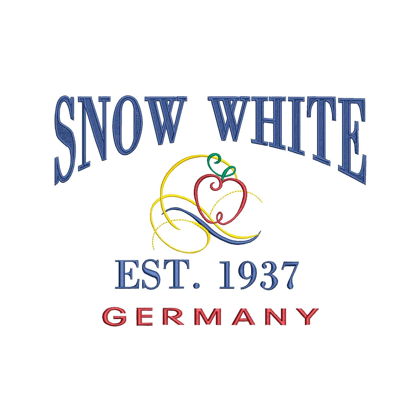 Princess Snow White Logo Machine Embroidery. Established 1937.