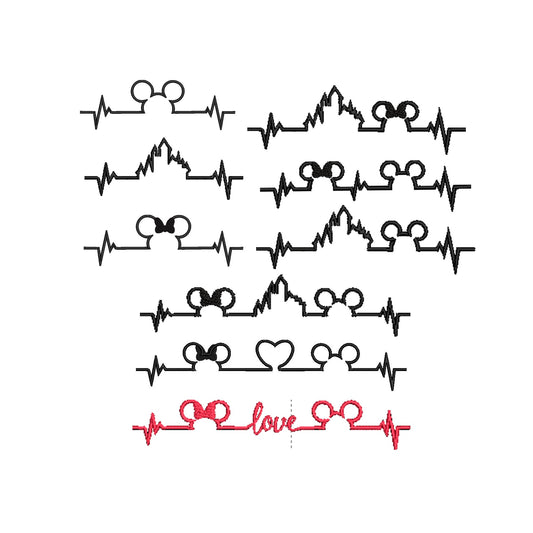 Bundle -  Heartbeat Machine Embroidery Design. 9 Designs, 3 Stitch patters each, 5 Sizes Each. Each design comes in a Satin, Fill and Single Stitch pattern.