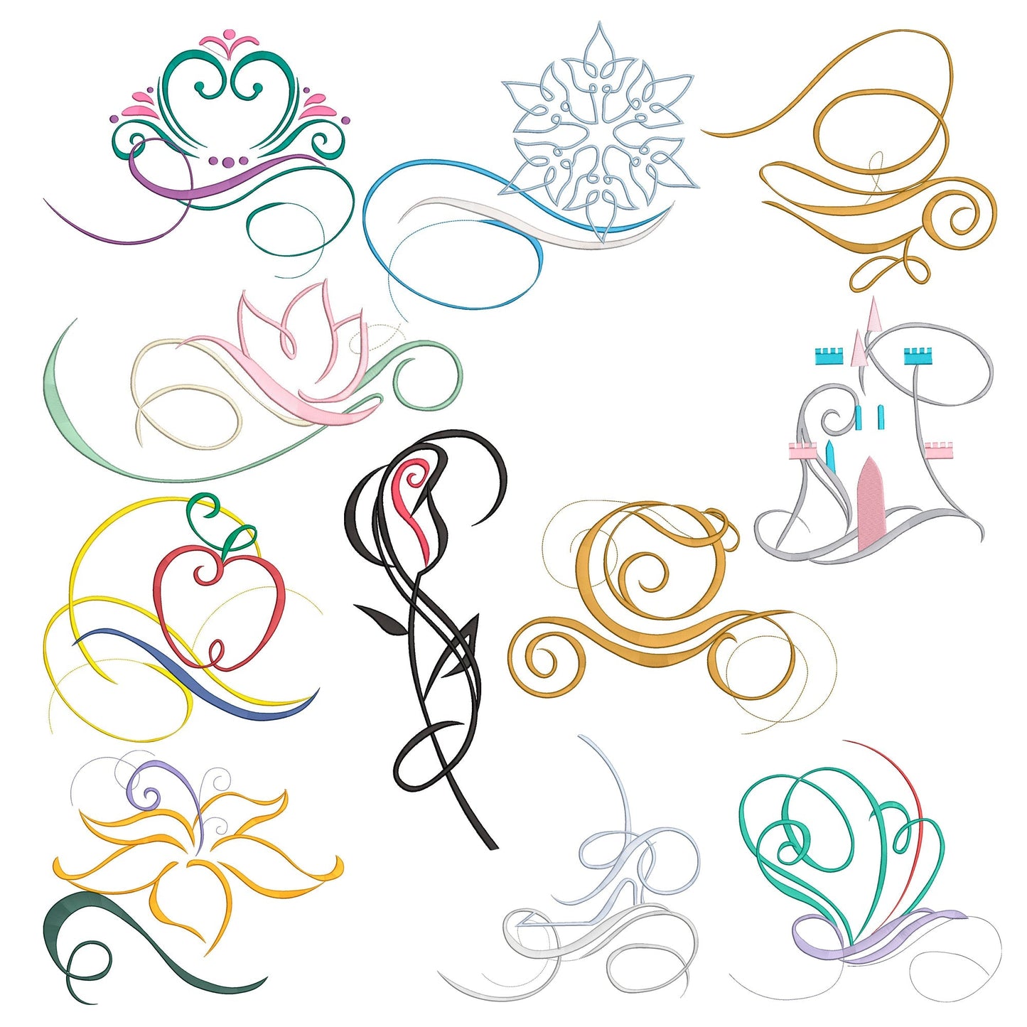 BUNDLE - Abstract  Princess Logo Machine Embroidery. Anna, Elsa, Tiana, Ariel, Cinderella, Snow White, Aurora and more.  Tiny designs.