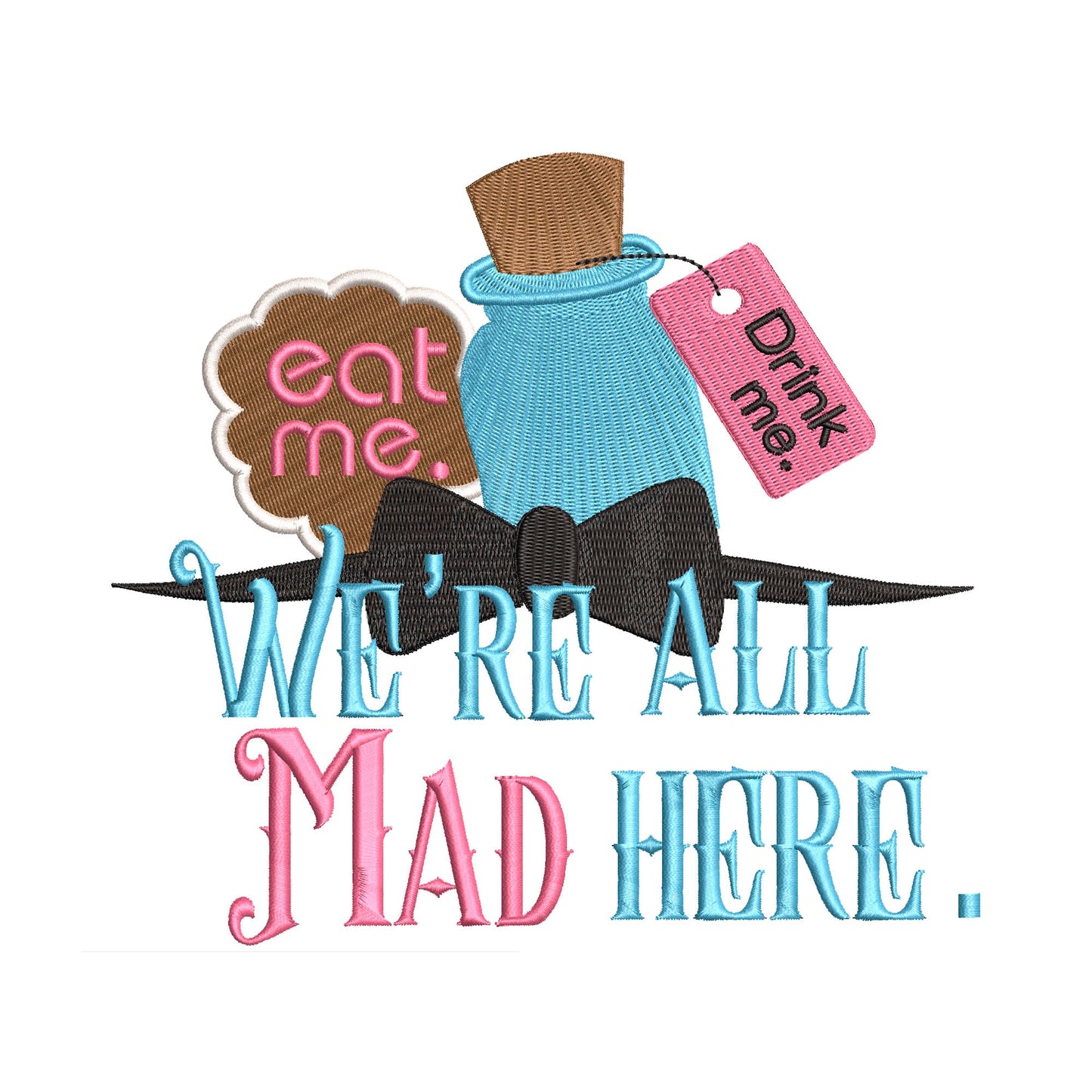 Alice in Wonderland inspired Machine Embroidery Design. Eat me, Drink me.